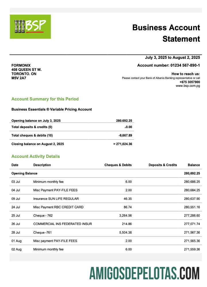 Baixável Papua Nova Guiné BSP Firm Checking modelo de extrato de conta Word e PDF